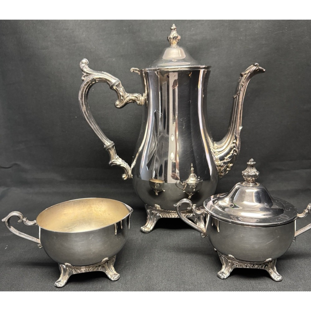 W.M.Rogers Silver Plated Coffee/Tea Pot Sugar Bowl With Lid & Creamer Set - Picture 3 of 13